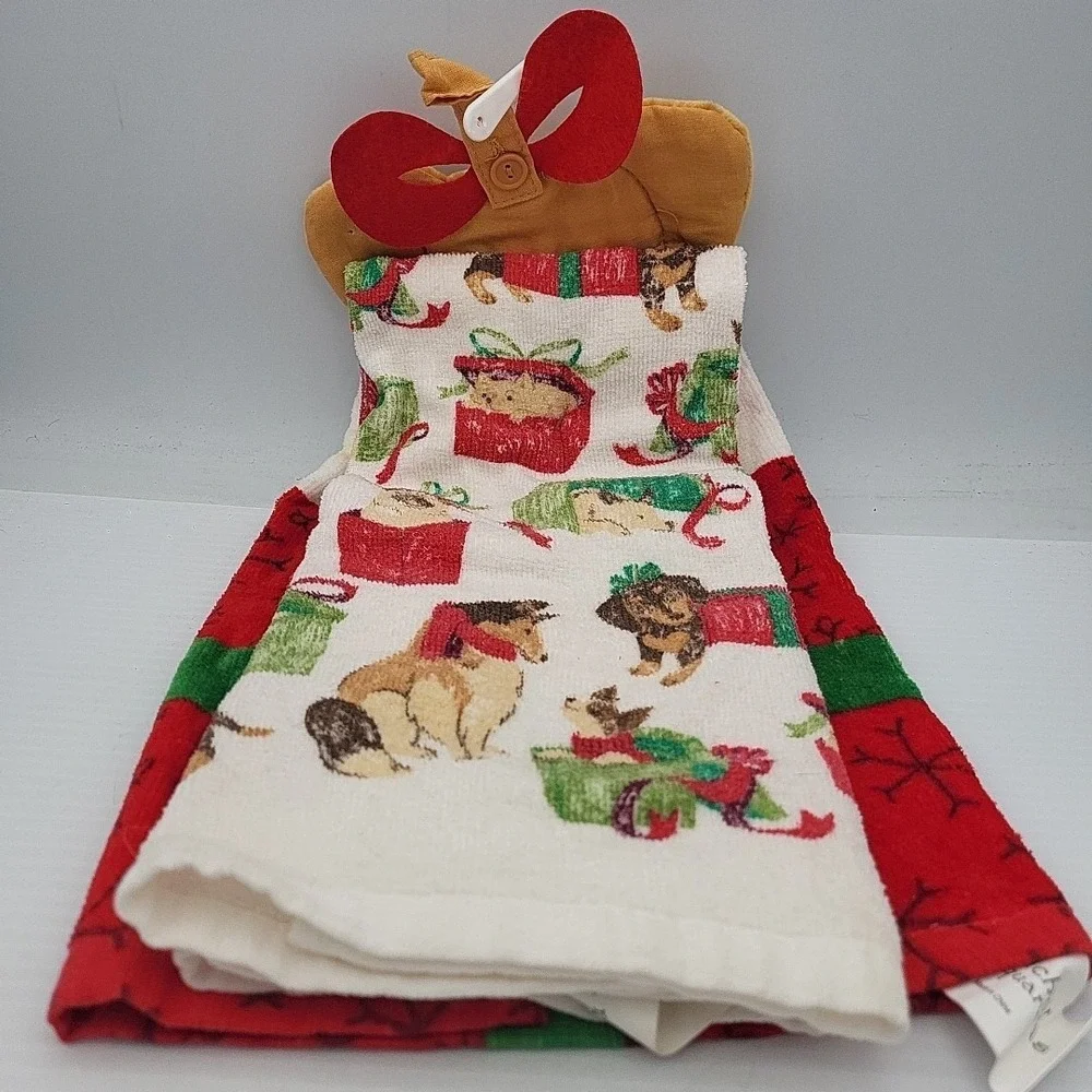 St. Nicholas Square Holiday Kitchen Towels Dog Puppy Hanging Standard NWT